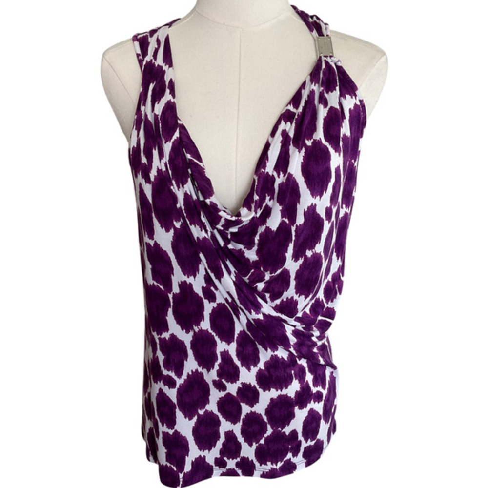 Michael Kors Sleeveless Cowl‎ Neck Cheetah Print Top Womens Medium Purple White